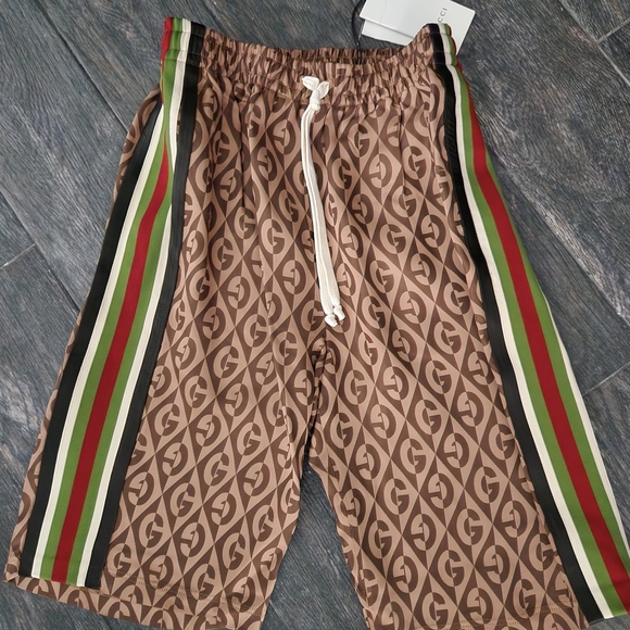 Gucci Brown Monogram Shorts with Green and Red Stripes